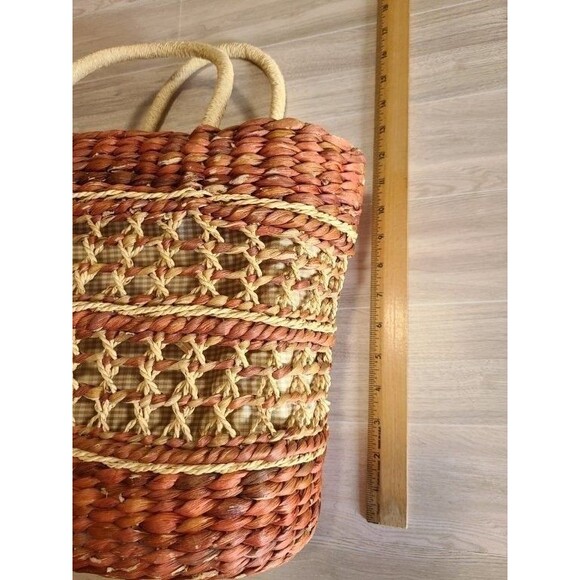 Handcrafted Woven Basket Vietnam Oval Gingham Lined Natural Fiber Storage Tote - Picture 7 of 8